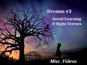 A purple, blue and orange night sky with some stars shining through. A silhouette of a large tree, heavy with bare branches and an owl perched on it. Below is a silhouette of an closed ornate metal gate and a silhouette of a young girl looking up at the owl. At the lower right bottom reads "Misc. Videos". The top right says, "Dreams #3 - Astral, Learning & Night Terrors"