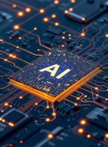 A dark blue circuit board with the circuits lit orange. A chip as "AI" in the center of it.