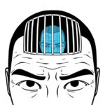 A cartoon sketch of a man's face from the nose up. At the forehead is another picture of same man, but behind bars.