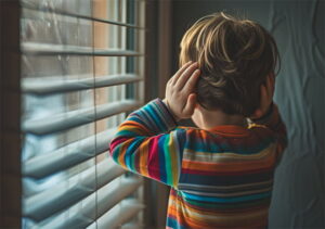 A little boy, hands over ears, looking out of a window