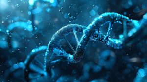A blue background with complimenting colored dna strand